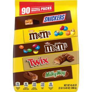 m&m's milk chocolate, m&m's peanut, snickers, twix & milky way individually wrapped bulk variety pack chocolate candy assortment, 45.45 oz, 90 pieces bag