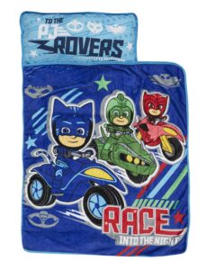 pj masks race into the night nap-mat - includes pillow and fleece blanket - great for boys and girls napping at daycare, preschool, or kindergarten - fits sleeping toddlers and young children