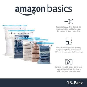 Amazon Basics Vacuum Compression Zipper Storage Bags With Hand Pump, 15-Pack, Multiple, White