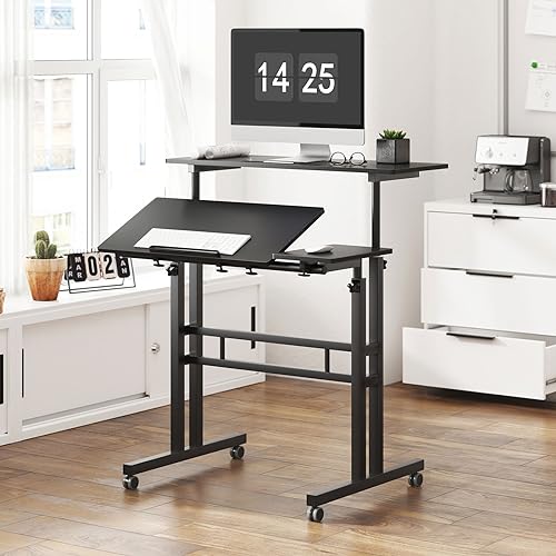 soges Mobile Laptop Sit-Stand Desk, Height Adjustable Standing Tiltable Top Desk, 31.5 inch Stand Up Computer Desk for Home Office, Small Rolling Desk for Small Space, Black ZS-101-2BK