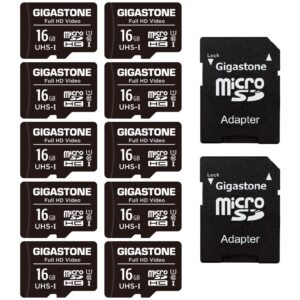 [gigastone] 16gb 10-pack micro sd card, fhd video, surveillance security cam action camera drone, 85mb/s micro sdhc uhs-i u1 class 10, with adapters