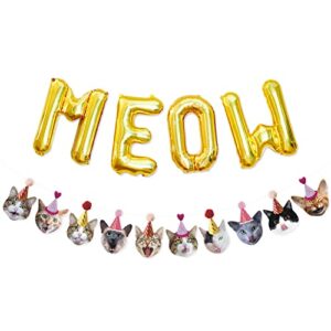 bessmoso funny cat party garland meow letter balloons cats faces with party hats banner kitten bunting photo props for cat theme birthday party pet adoption party supplies