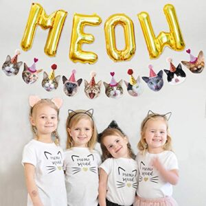 Bessmoso Funny Cat Party Garland Meow Letter Balloons Cats Faces with Party Hats Banner Kitten Bunting Photo Props for Cat Theme Birthday Party Pet Adoption Party Supplies