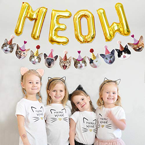 Bessmoso Funny Cat Party Garland Meow Letter Balloons Cats Faces with Party Hats Banner Kitten Bunting Photo Props for Cat Theme Birthday Party Pet Adoption Party Supplies