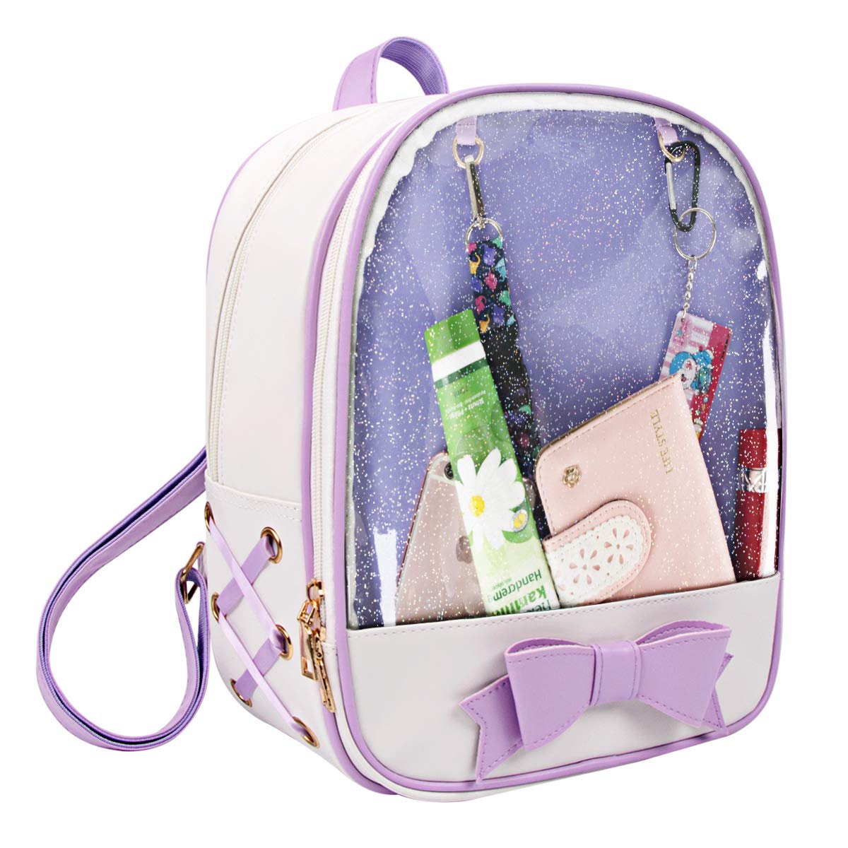 PG6 FF1 Candy Leather Bow Backpack Clear Beach Girls Bag Ita Bag, Purple, One Size