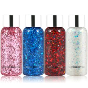 Body Glitter Gel Set 4 Colors Sequins Chunky Glitter Gel Colorful Eyeshadow Glitter Holographic Body Gel for Festival Party Face Makeup Hair Nails Eye Cosmetic Lips Shimmer Pink, Blue, White