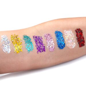 Body Glitter Gel Set 4 Colors Sequins Chunky Glitter Gel Colorful Eyeshadow Glitter Holographic Body Gel for Festival Party Face Makeup Hair Nails Eye Cosmetic Lips Shimmer Pink, Blue, White