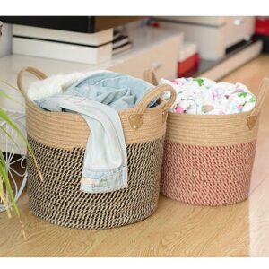 Douup Cotton Hemp Rope Basket Storage with Handles, Woven Laundry Basket, Natural Cotton Woven Storage Basket for Diapers, Nursery, Toys, Towels (13.7Inchx 11.8Inch),Brown