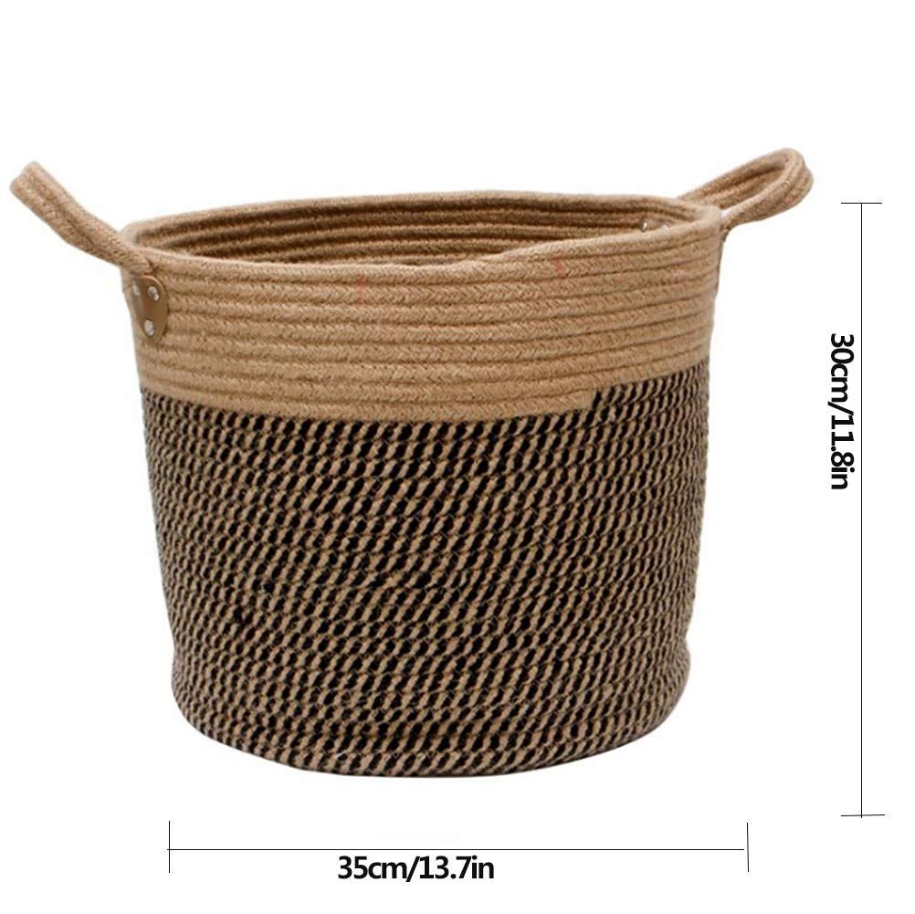 Douup Cotton Hemp Rope Basket Storage with Handles, Woven Laundry Basket, Natural Cotton Woven Storage Basket for Diapers, Nursery, Toys, Towels (13.7Inchx 11.8Inch),Brown