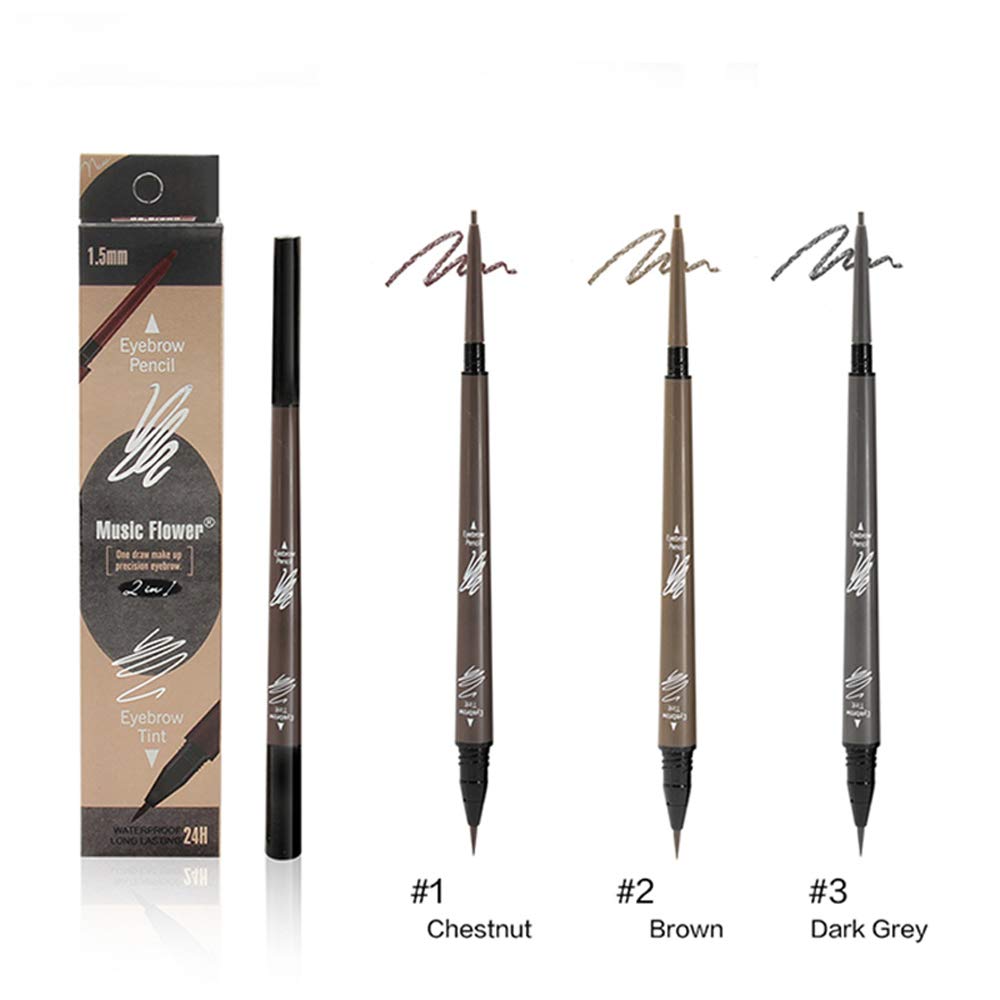 Music Flower 2 in 1 Eyebrow Pencil - Waterproof & Long Lasting Liquid Eyebrow Pen - Dual Ended Pencil Fills and Defines Brow Tint with the Precision & Definition of Microblading, Brown