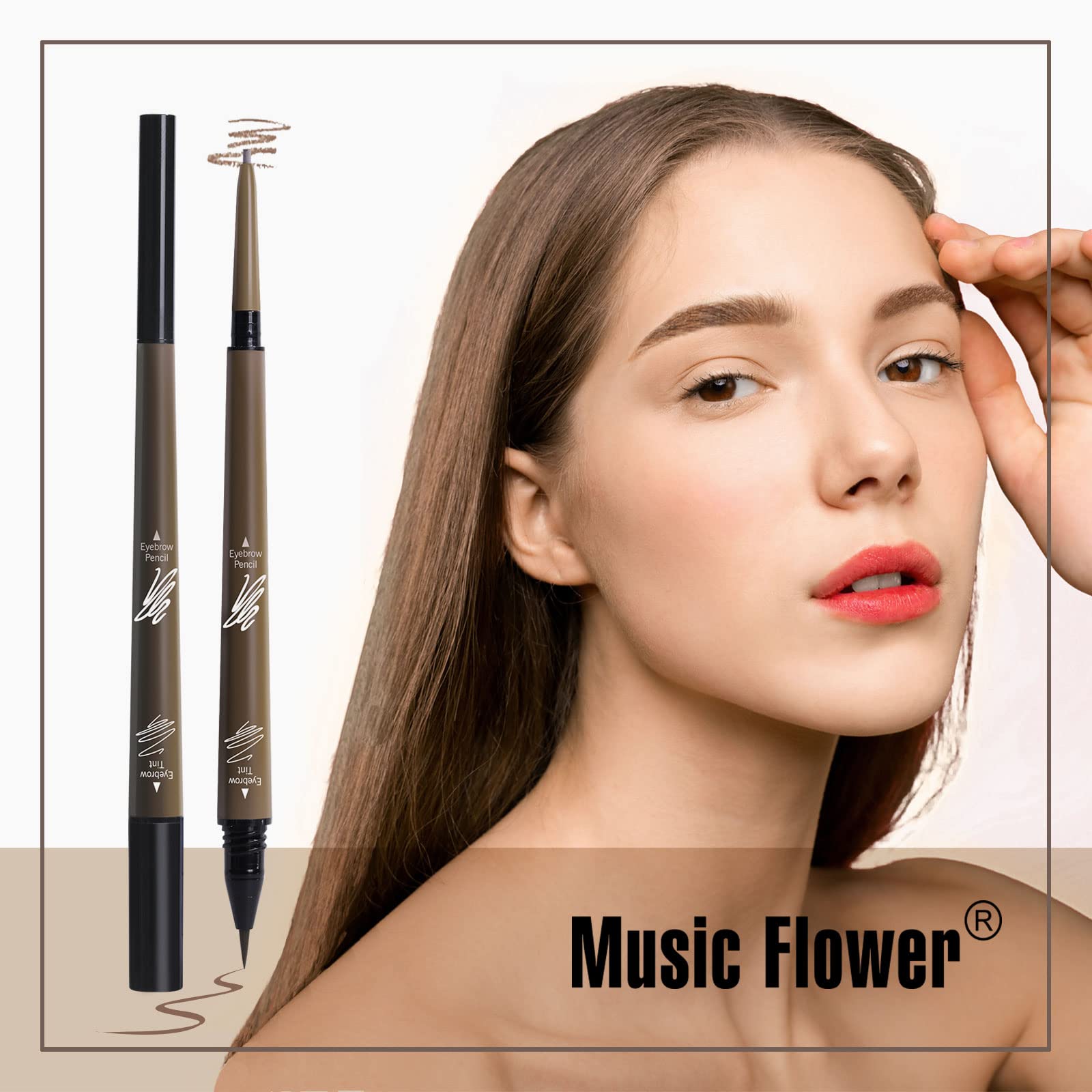 Music Flower 2 in 1 Eyebrow Pencil - Waterproof & Long Lasting Liquid Eyebrow Pen - Dual Ended Pencil Fills and Defines Brow Tint with the Precision & Definition of Microblading, Brown