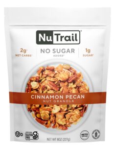 nutrail nut granola cereal, cinnamon pecan, no sugar added, gluten free, grain free, keto, low carb, healthy breakfast 8 oz. 1 count
