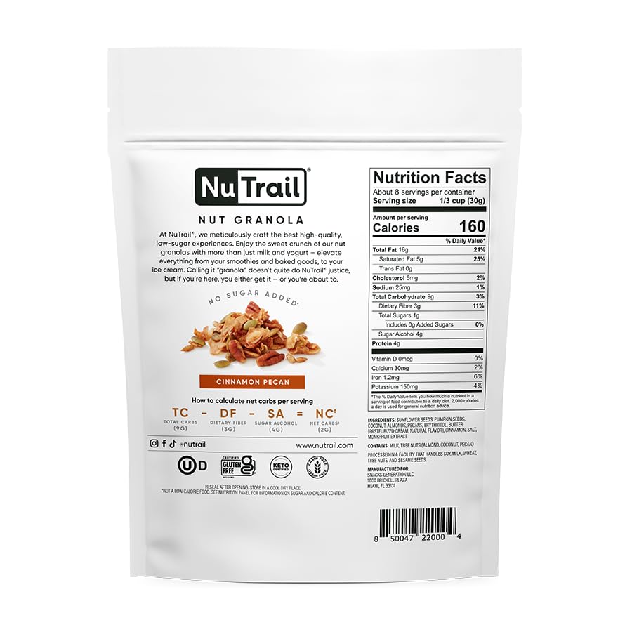 NuTrail Nut Granola Cereal, Cinnamon Pecan, No Sugar Added, Gluten Free, Grain Free, Keto, Low Carb, Healthy Breakfast 8 oz. 1 Count