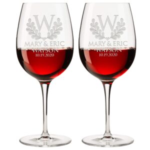 personalized set of 2 wine glass - custom etched monogrammed stemmed glass, 20 oz. (design-5, wine glass)