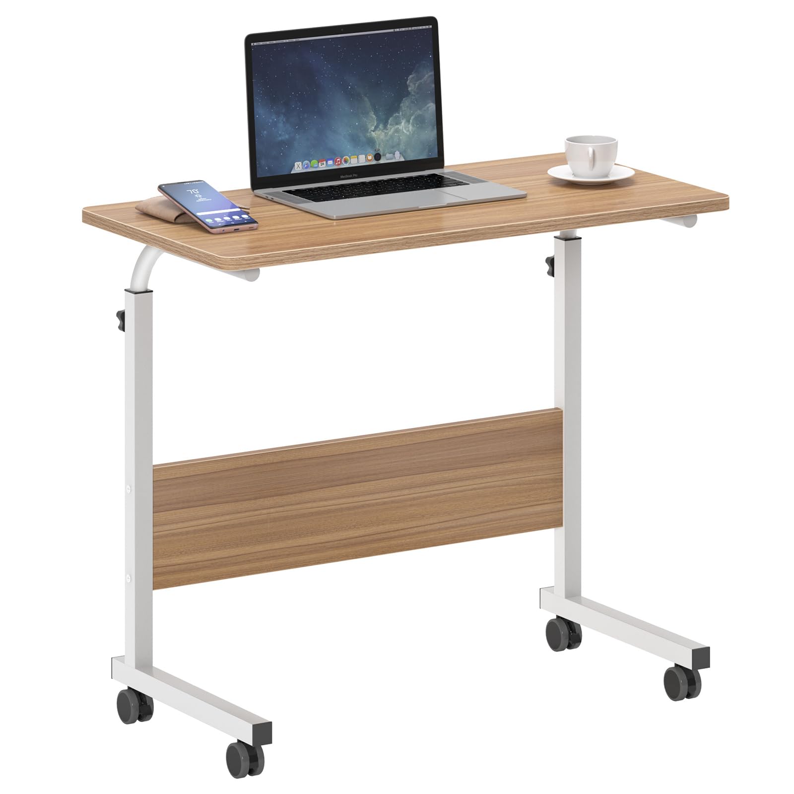 SogesHome 31.5inches Adjustable Mobile Bed Table Portable Laptop Computer Stand Desks with Rolling Wheels, Oak