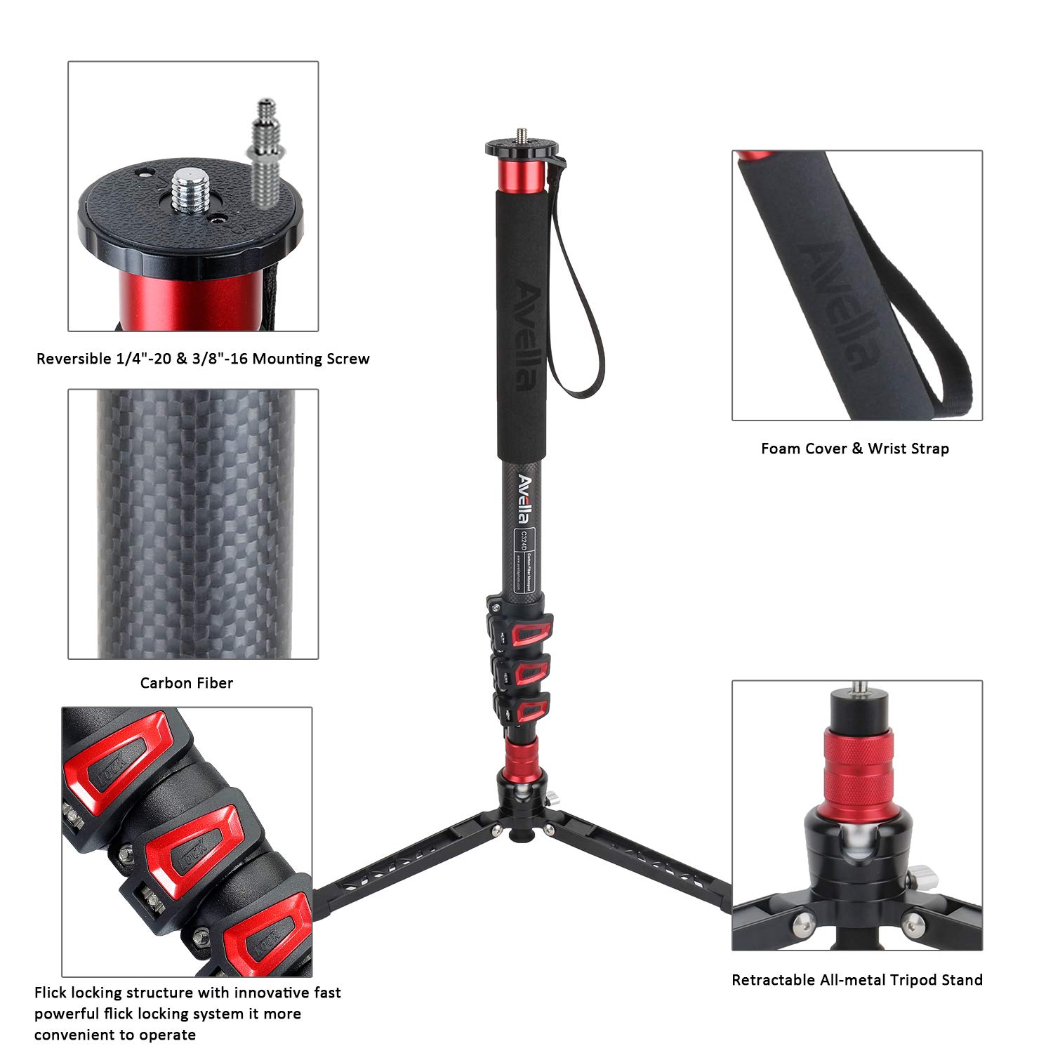 Avella C324D Carbon Fiber 67 Inch Camera Monopod Professional Telescopic Video Monopods Base Tripod for Canon Nikon Sony Olympus Panasonic DSLR Camera