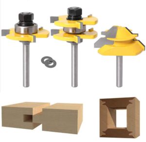 lock miter 45 degree joint router bits + 2pcs tongue and groove set [1/4-inch shank], aplus 45° lock mitre glue joint router bit + router bit set 3 teeth t shape, wood milling cutter woodworking tool