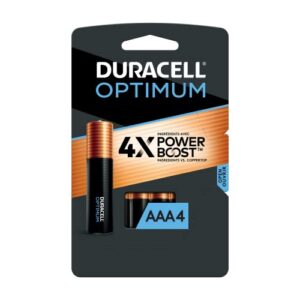 duracell optimum aaa batteries with power boost ingredients, 4 count pack triple a battery with long-lasting power, all-purpose alkaline aaa battery for household and office devices