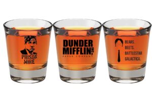 the office merchandise shot glass gift set - prison mike, dunder mifflin, & bears beets battlestar galactica - the office gifts for men and women
