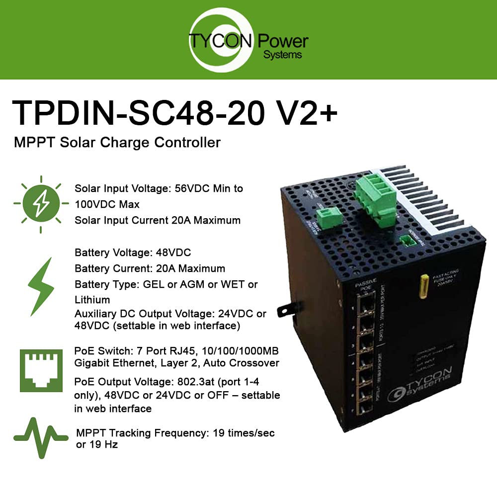 Tycon Power Systems TPDIN-SC48-20 MPPT Solar Controller 48V 20A with 7 Port Gigabit Passive PoE Switch and 24/48V Auxiliary Output Voltage