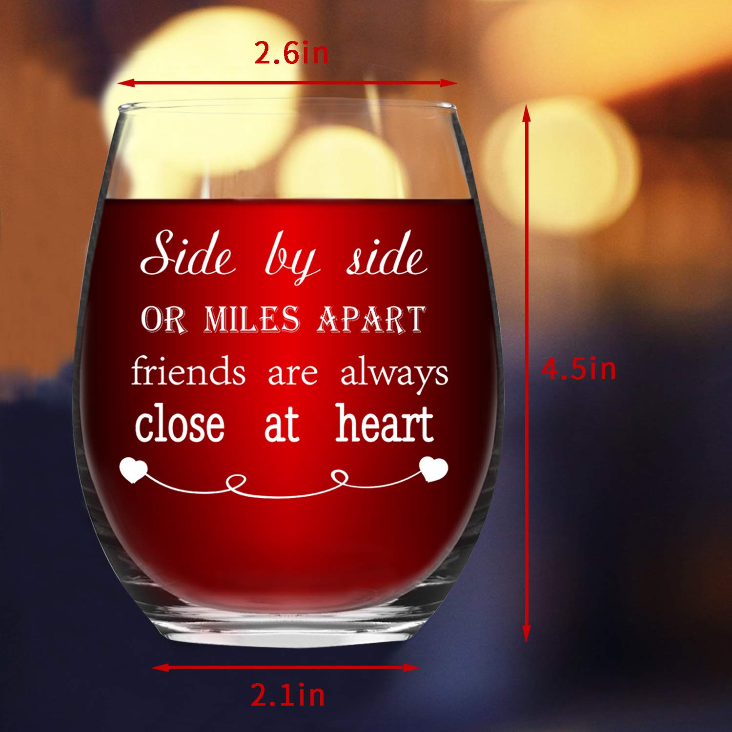 Wine Glass Side By Side or Miles Apart Friends are Always Close at Heart Birthday Gift for Friend Best Friend Gift Long Distance Friendship Gifts 15Oz