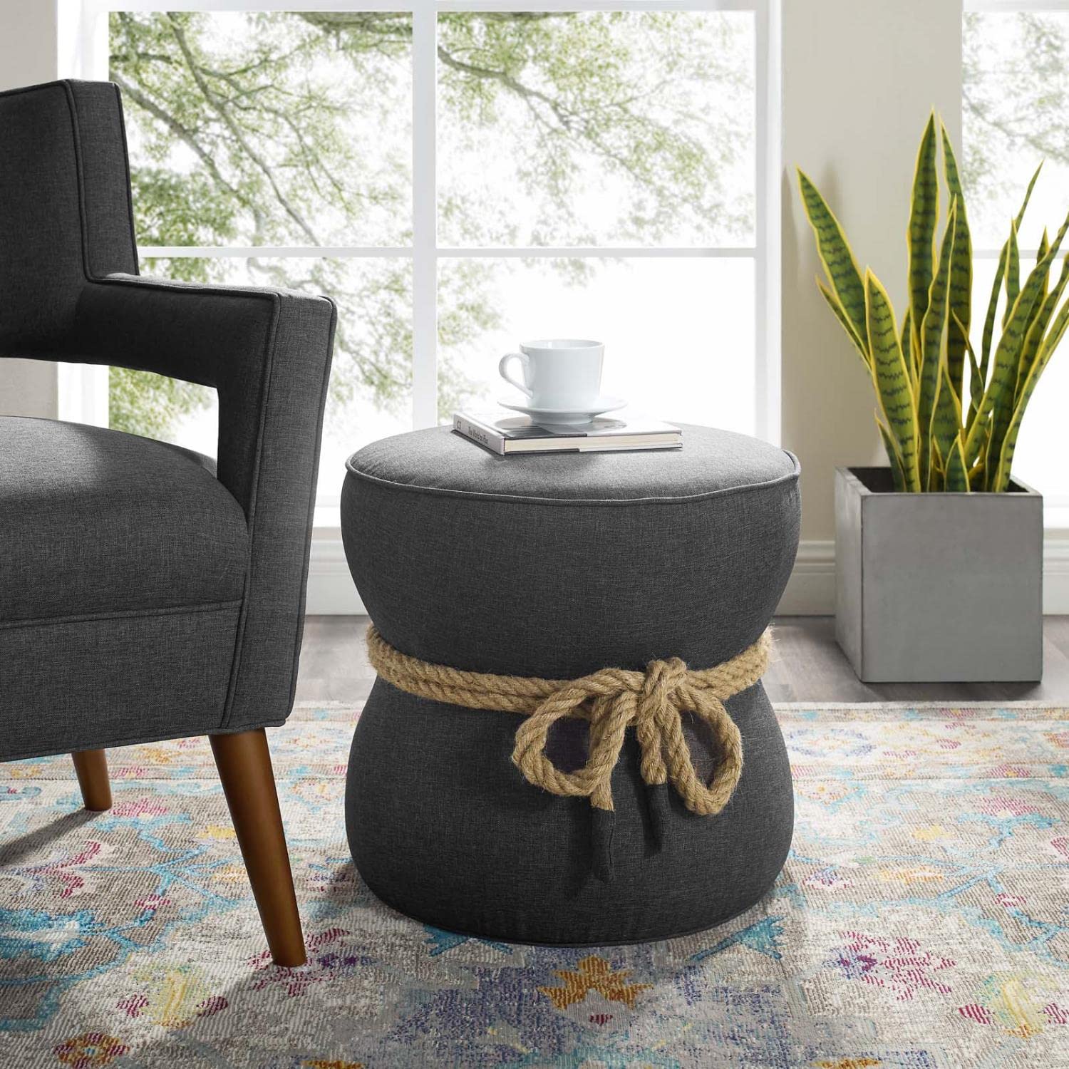 Modway Beat Upholstered Fabric Nautical Rope Round Ottoman in Gray, 19"L x 18.5"H