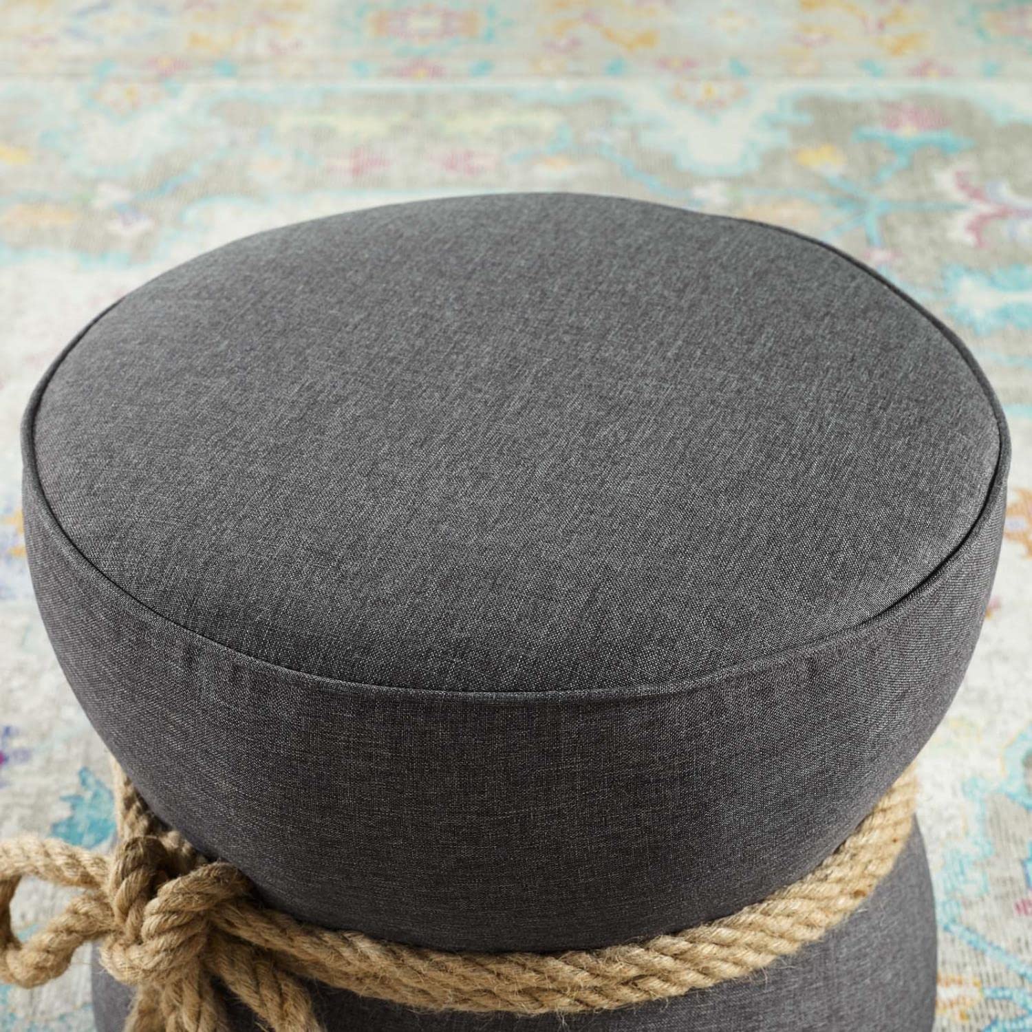 Modway Beat Upholstered Fabric Nautical Rope Round Ottoman in Gray, 19"L x 18.5"H