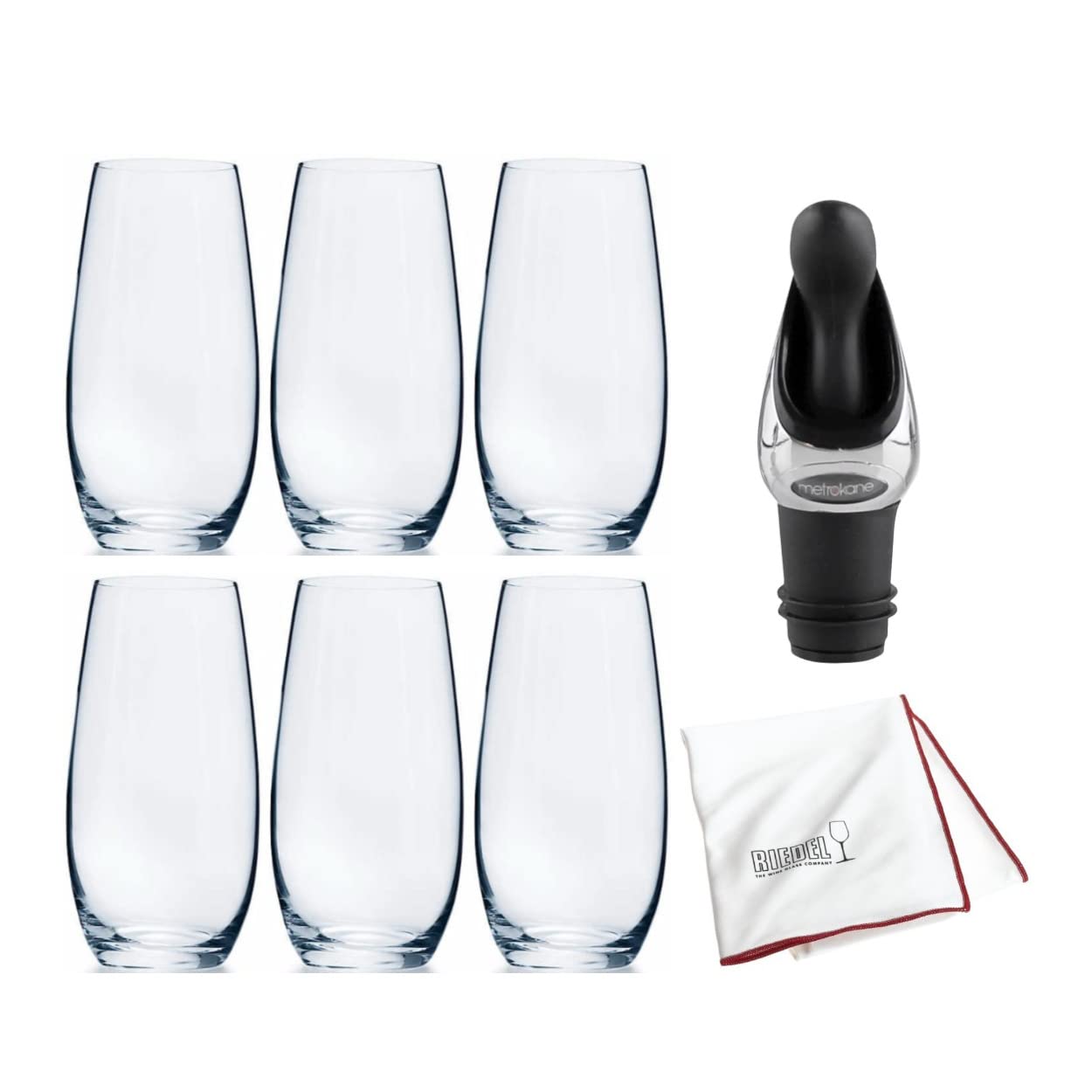 Riedel O Wine Tumbler Champagne, Set of 6 Includes Wine Pourer with Stopper and Polishing Cloth Bundle