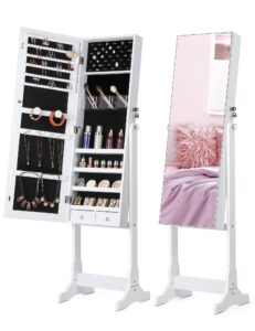 nicetree jewelry cabinet with full-length mirror, standing lockable jewelry armoire mirror organizer, 3 angel adjustable, white