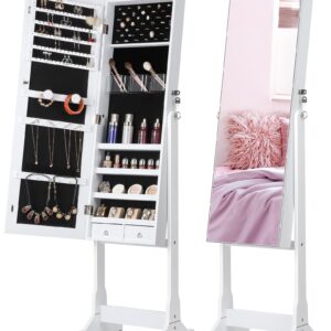 Nicetree Jewelry Cabinet with Full-Length Mirror, Standing Lockable Jewelry Armoire Mirror Organizer, 3 Angel Adjustable, White