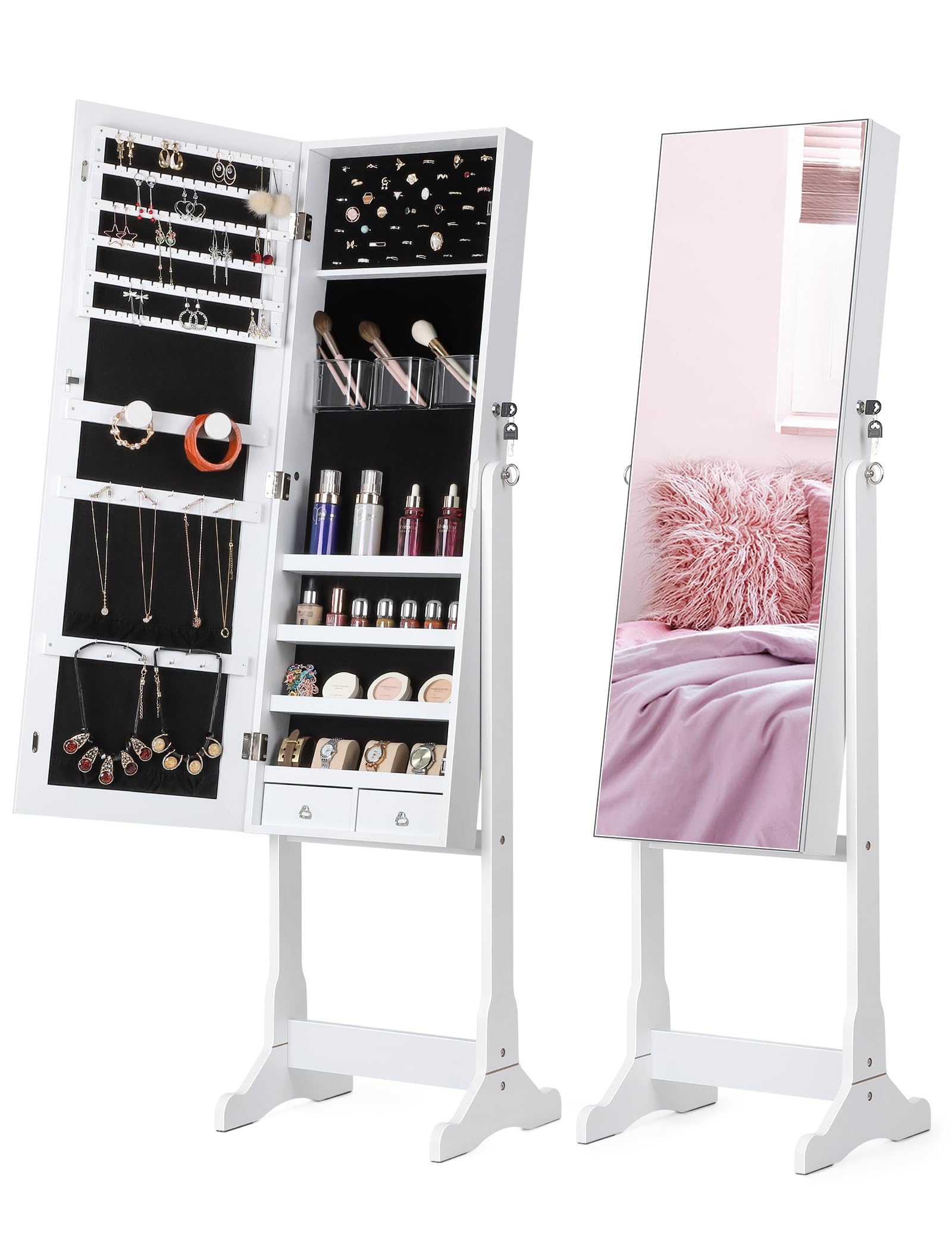 Nicetree Jewelry Cabinet with Full-Length Mirror, Standing Lockable Jewelry Armoire Mirror Organizer, 3 Angel Adjustable, White