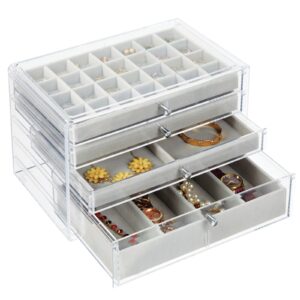 mdesign plastic 4-drawer jewelry box - removable divided organizer trays for storage on dresser, vanity, countertop - holds earrings, bracelets, necklaces, bangles, rings - clear/gray