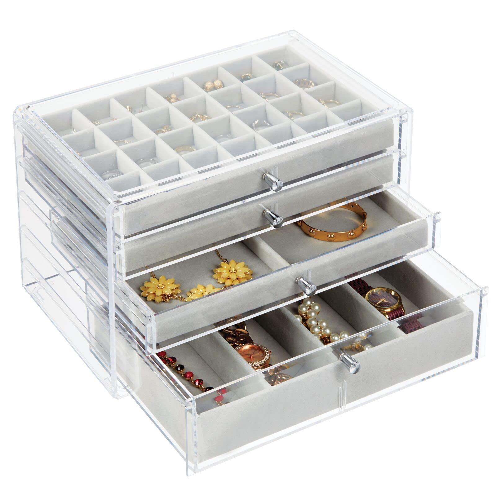 mDesign Plastic 4-Drawer Jewelry Box - Removable Divided Organizer Trays for Storage on Dresser, Vanity, Countertop - Holds Earrings, Bracelets, Necklaces, Bangles, Rings - Clear/Gray