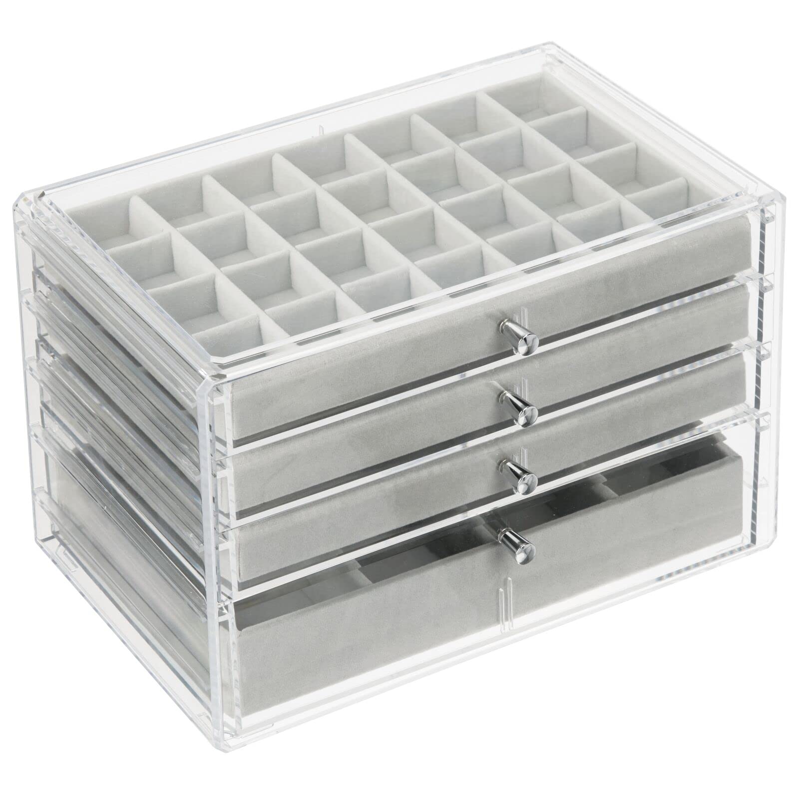 mDesign Plastic 4-Drawer Jewelry Box - Removable Divided Organizer Trays for Storage on Dresser, Vanity, Countertop - Holds Earrings, Bracelets, Necklaces, Bangles, Rings - Clear/Gray