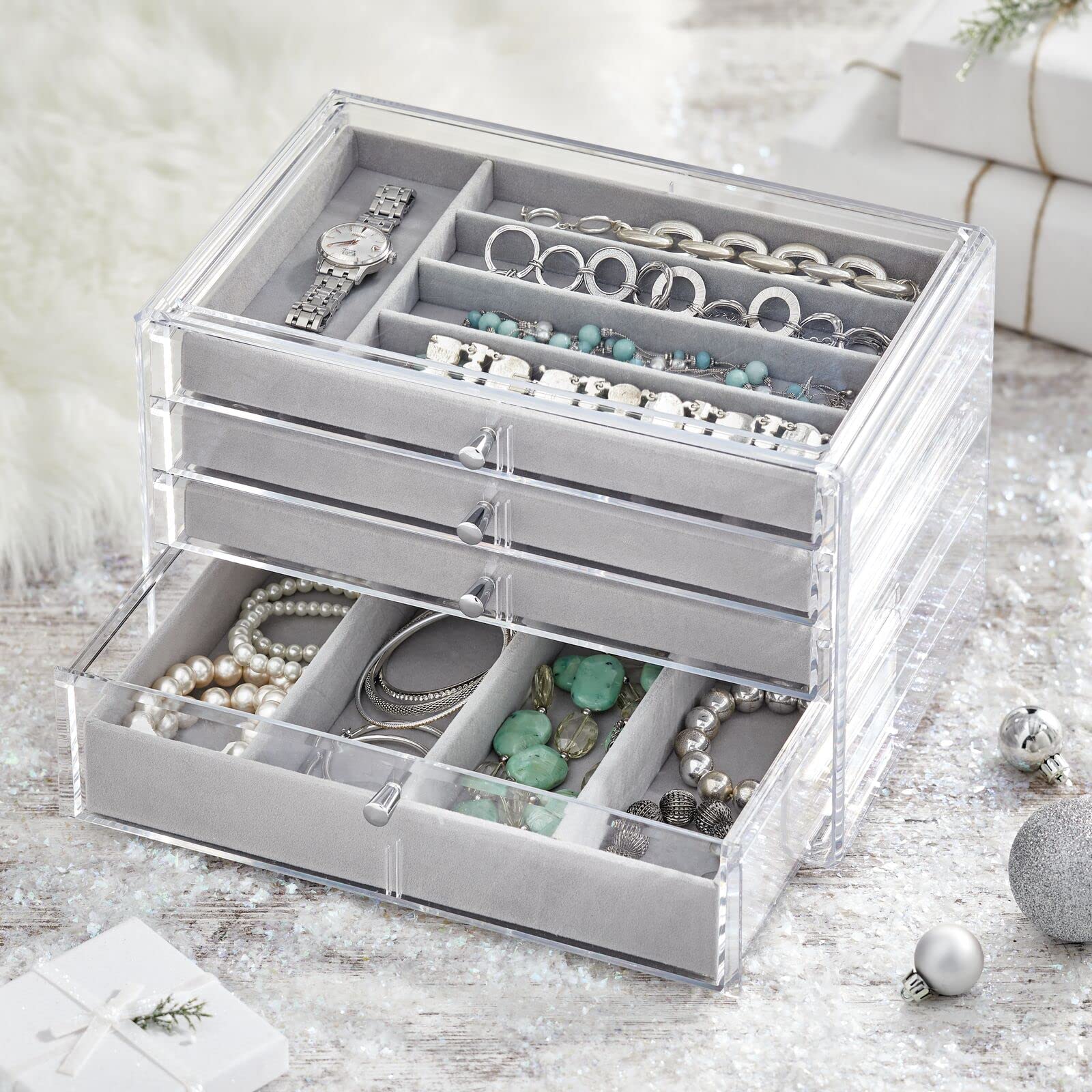 mDesign Plastic 4-Drawer Jewelry Box - Removable Divided Organizer Trays for Storage on Dresser, Vanity, Countertop - Holds Earrings, Bracelets, Necklaces, Bangles, Rings - Clear/Gray