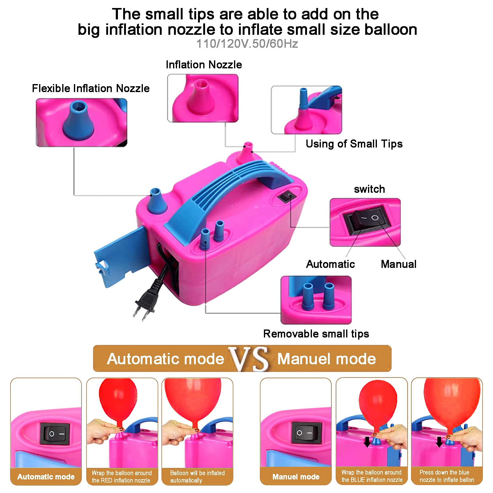 Balloon Pump 600W 110V Electric Balloon Pump Portable Electric Inflator Balloon Air Pump-2 Tying Tools Balloon Blower for Party Decoration