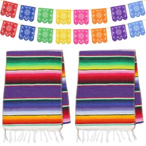 dreamtop 2 packs mexican table runner 14 x 84 inch, serape table runner for mexican party wedding decorations outdoor picnics dining table, fringe cotton table runners with 2 pack mexican party picado