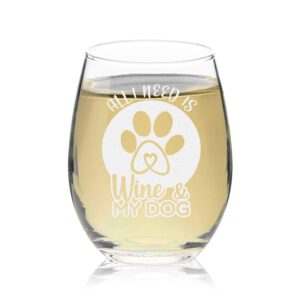 veracco all i need is wine & my dog stemless wine glass funny birthday gift for dog mom dad crazy dog lady animal lover rescue parent (dog, stemless glass)