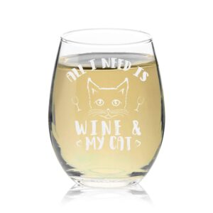 veracco all i need is wine & my cat stemless wine glass funny birthday gift for cat mom crazy cat lady animal lover rescue mom (cat, stemless glass)