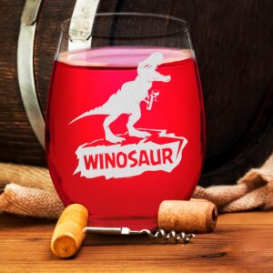 Veracco Winosaur Stemless Wine Glass Funny Birthday Gift For Wine Lover Enthusiast Dinosaur Party Favor (Stemless Glass)