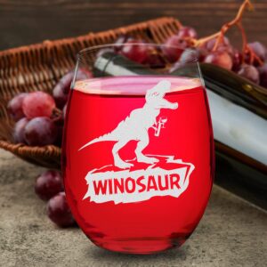 Veracco Winosaur Stemless Wine Glass Funny Birthday Gift For Wine Lover Enthusiast Dinosaur Party Favor (Stemless Glass)