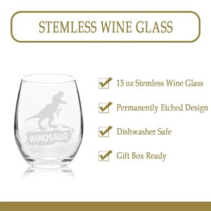 Veracco Winosaur Stemless Wine Glass Funny Birthday Gift For Wine Lover Enthusiast Dinosaur Party Favor (Stemless Glass)