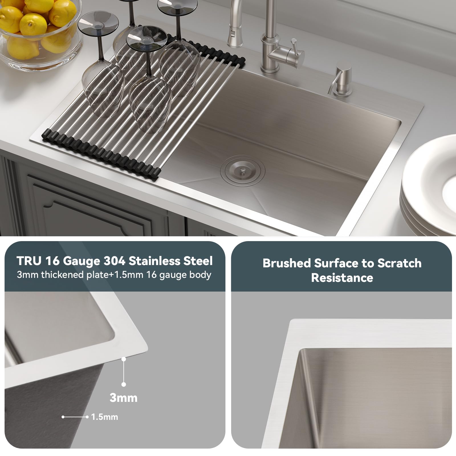 33 Inch Drop In Kitchen Sink - Lordear 33x22 Kitchen Sinks Drop In Stainless Steel Sinks Topmount 16 Gauge T304 Single Bowl Kitchen Sink With 3mm Thickened Plate Round Corners