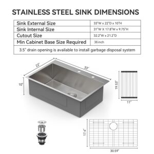 33 Inch Drop In Kitchen Sink - Lordear 33x22 Kitchen Sinks Drop In Stainless Steel Sinks Topmount 16 Gauge T304 Single Bowl Kitchen Sink With 3mm Thickened Plate Round Corners