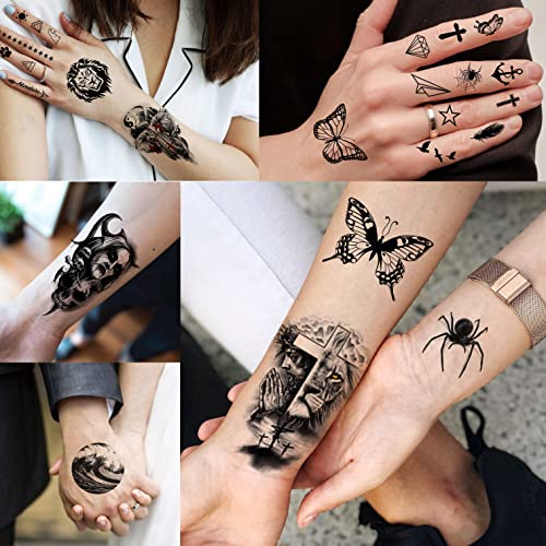 COKTAK 64 Sheets Large Black Arm Temporary Tattoos For Men Forearm Women Thigh, Half Sleeve Animals Lion Tiger Wolf Temp Tattoo Stickers Adults, Death Skull Compass Flower Fake Tattoos That Look Real