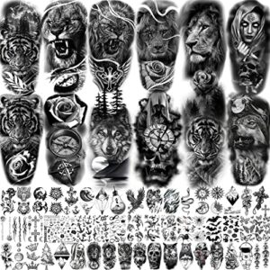 coktak 64 sheets large black arm temporary tattoos for men forearm women thigh, half sleeve animals lion tiger wolf temp tattoo stickers adults, death skull compass flower fake tattoos that look real
