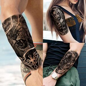 COKTAK 64 Sheets Large Black Arm Temporary Tattoos For Men Forearm Women Thigh, Half Sleeve Animals Lion Tiger Wolf Temp Tattoo Stickers Adults, Death Skull Compass Flower Fake Tattoos That Look Real