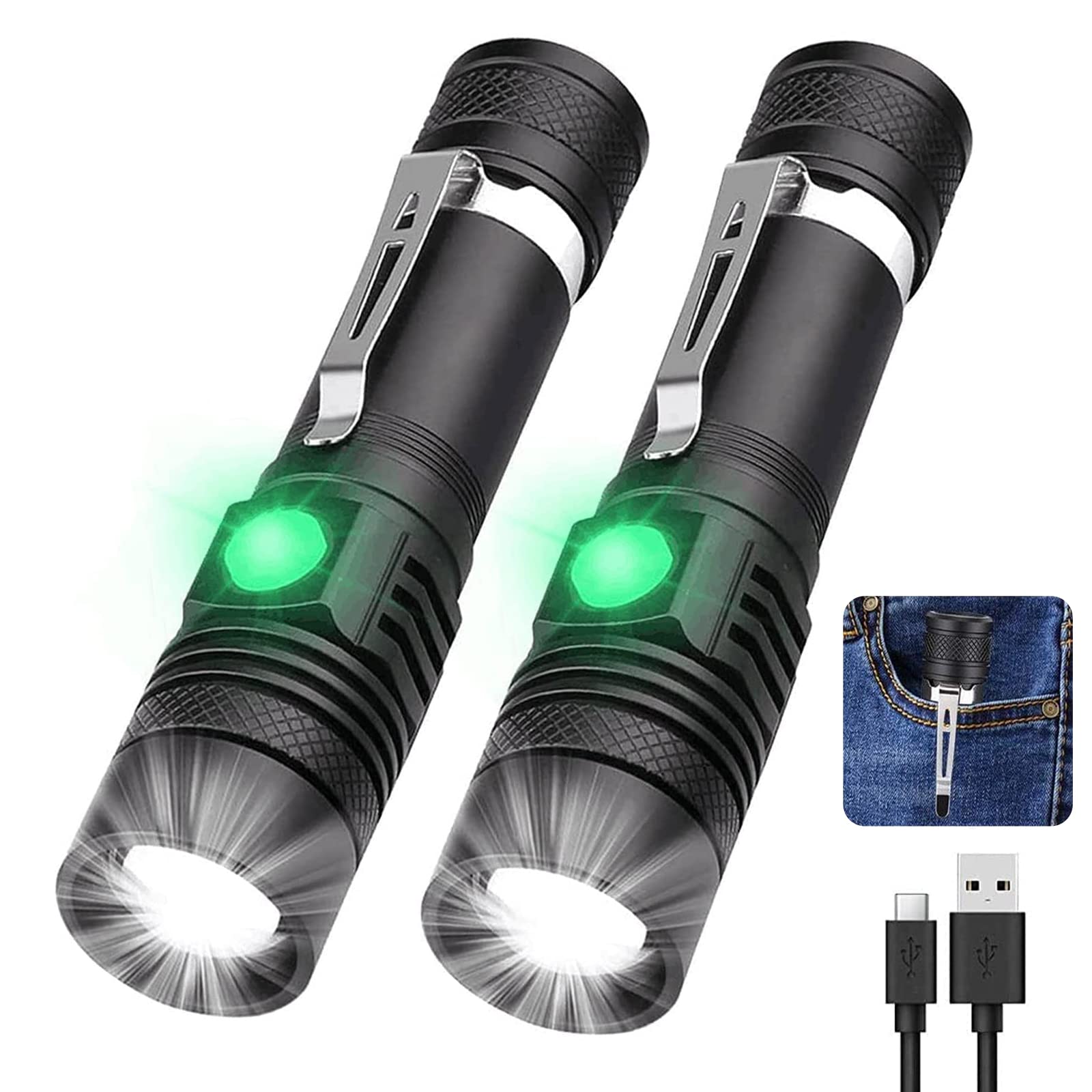 Rechargeable Flashlight, LED Tactical Flashlight, 2000 Lumens Super Bright Pocket-Sized LED Torch with Clip, IPX6 Water Resistant, 4 Modes for Camping Hiking Emergency (2 Pack)