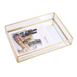 sooyee rectangle mirror decorative tray, gold can hold perfume, jewelry, cosmetics, makeup, magazine and more, for vanity,dresser,bathroom,bedroom(12”x8”)