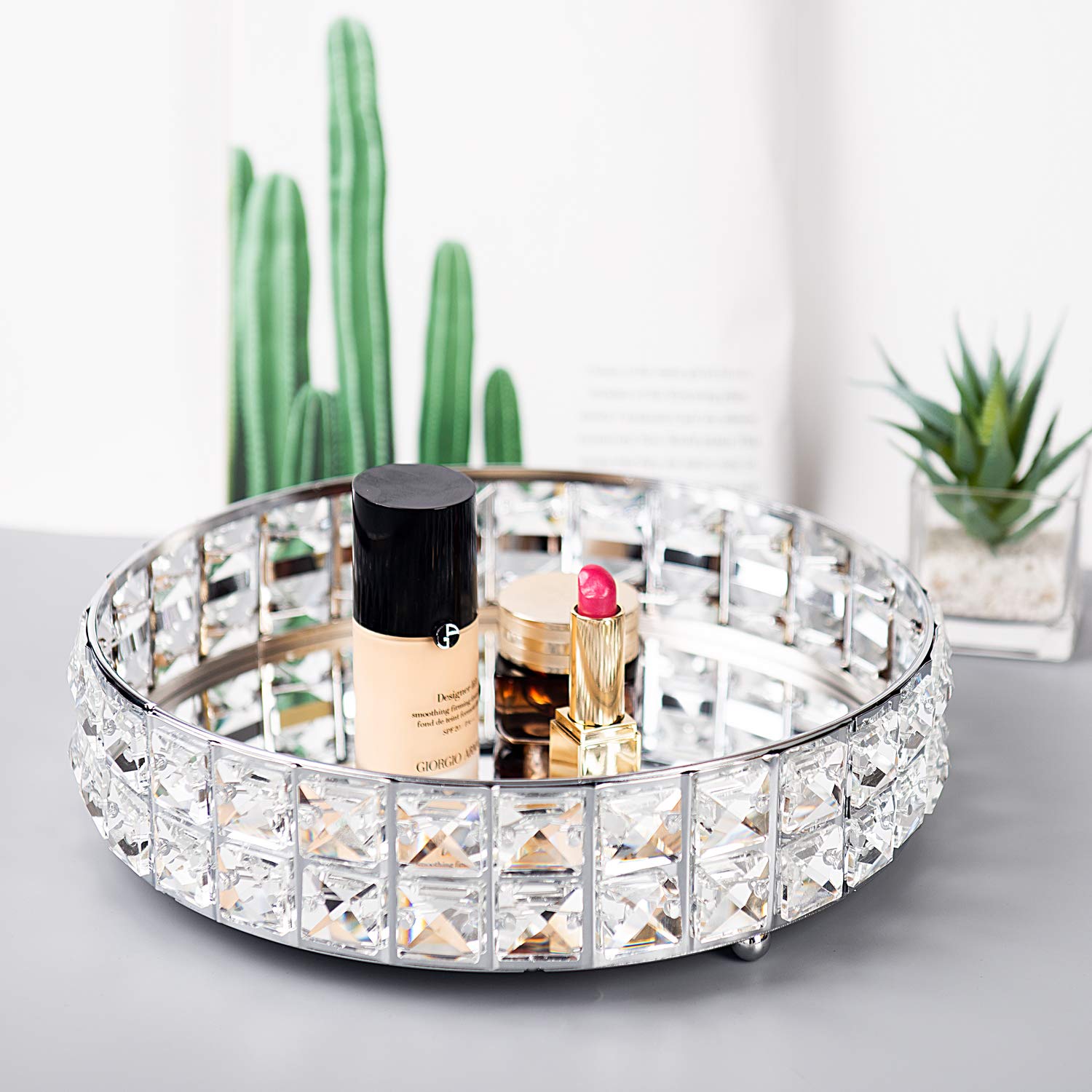 Feyarl Crystal Perfume Vanity Makeup Tray Mirrored Ornate Jewelry Trinket Tray Organizer Sparkly Bling Cosmetic Skin Care Decorative Tray with Glass Bottom Surface for Home Decor Dresser Desktop